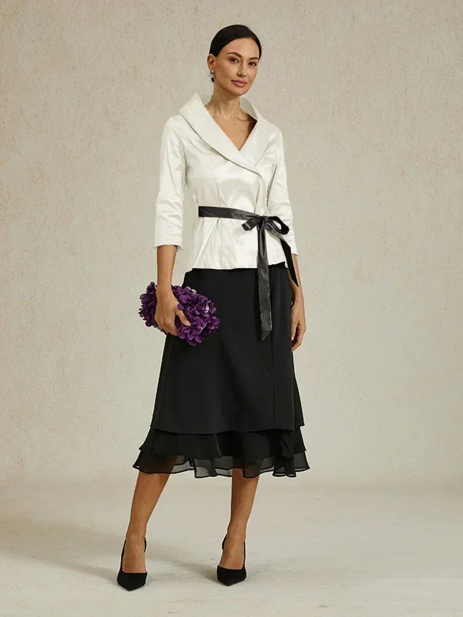 3/4 Sleeve Stretch Taffeta Blouse with Tie Waist Detail