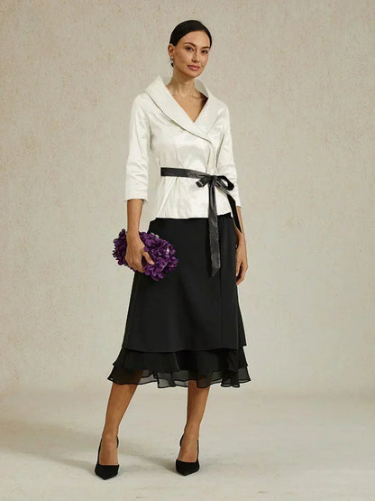 3/4 Sleeve Stretch Taffeta Blouse with Tie Waist Detail