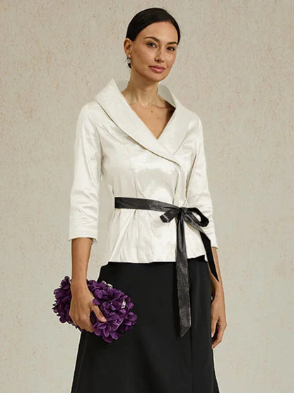 3/4 Sleeve Stretch Taffeta Blouse with Tie Waist Detail