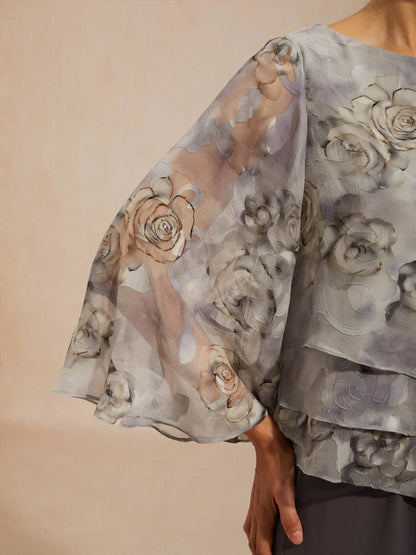 Lace Chiffon Layered Blouse with Floral Print