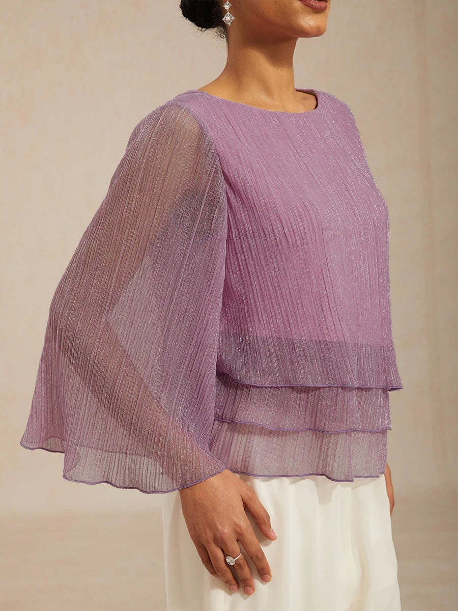 Asymmetrische Lagenbluse aus metallisch schimmerndem, plissiertem Chiffon