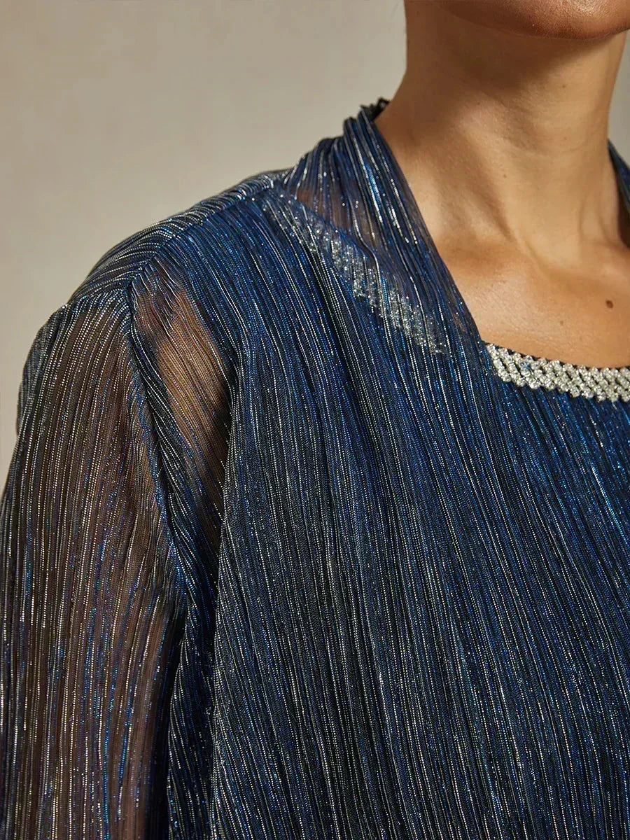 Metallic Pleated Chiffon Long Jacket Dress