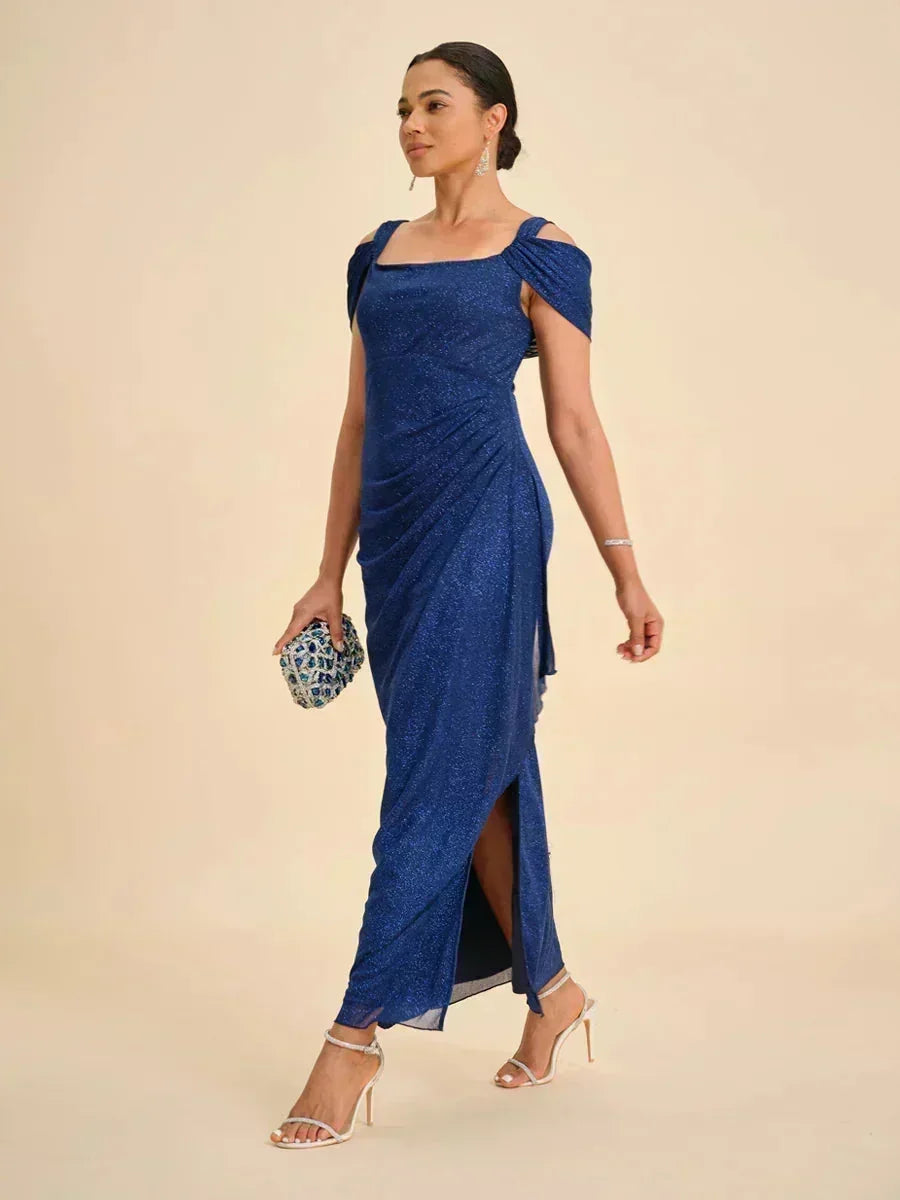 Ankle-Length Cold Shoulder Glitter Mesh Dress