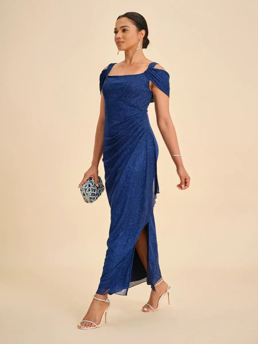 Ankle-Length Cold Shoulder Glitter Mesh Dress