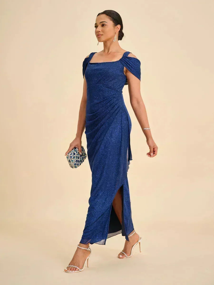 Ankle-Length Cold Shoulder Glitter Mesh Dress