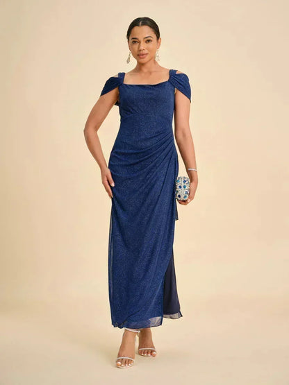 Ankle-Length Cold Shoulder Glitter Mesh Dress