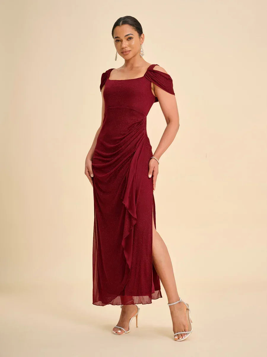 Ankle-Length Cold Shoulder Glitter Mesh Dress