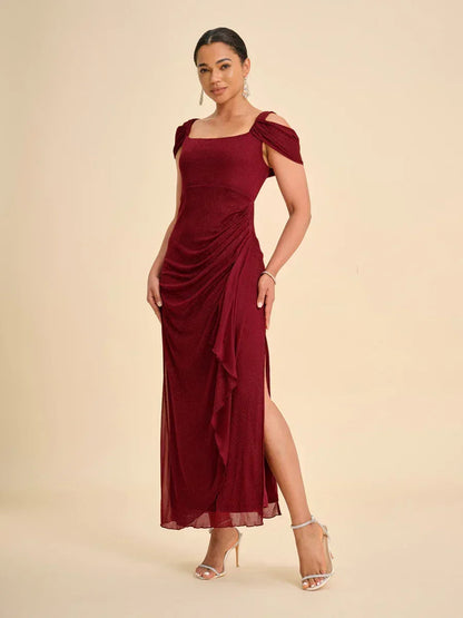 Ankle-Length Cold Shoulder Glitter Mesh Dress