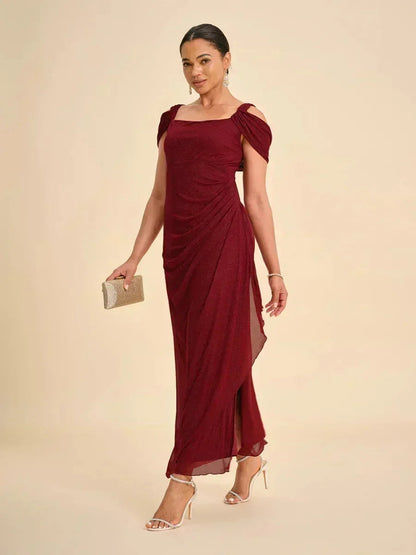 Ankle-Length Cold Shoulder Glitter Mesh Dress