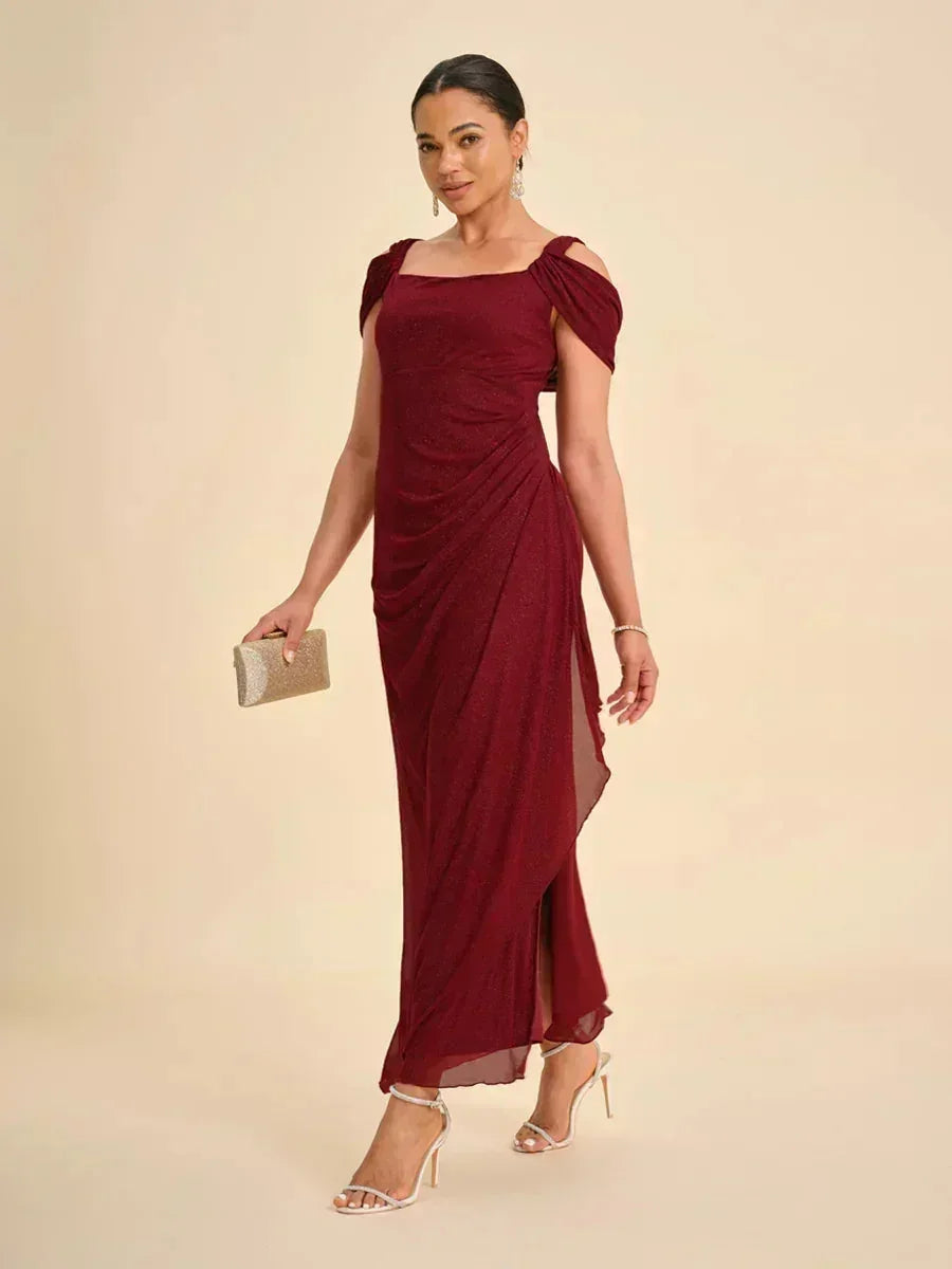 Ankle-Length Cold Shoulder Glitter Mesh Dress