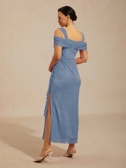Ankle-Length Cold Shoulder Glitter Mesh Dress