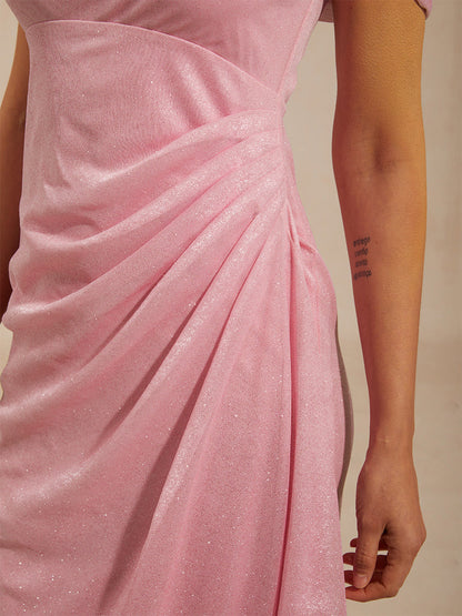 Ankle-Length Cold Shoulder Glitter Mesh Dress