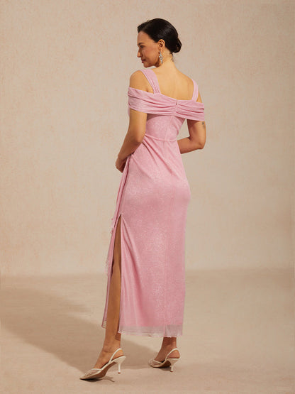 Ankle-Length Cold Shoulder Glitter Mesh Dress