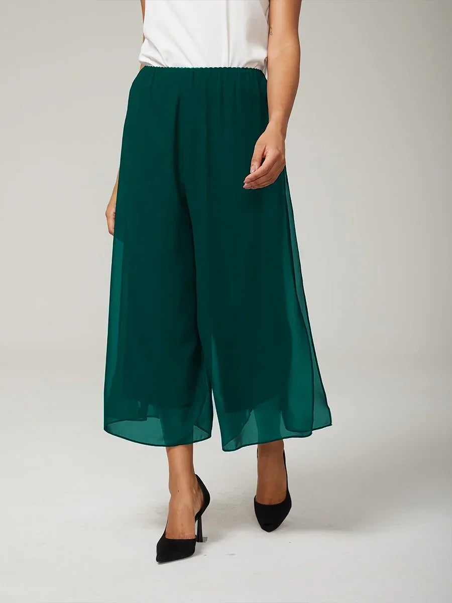 Cropped Length Straight Leg Pant With Chiffon Split Leg Overlay