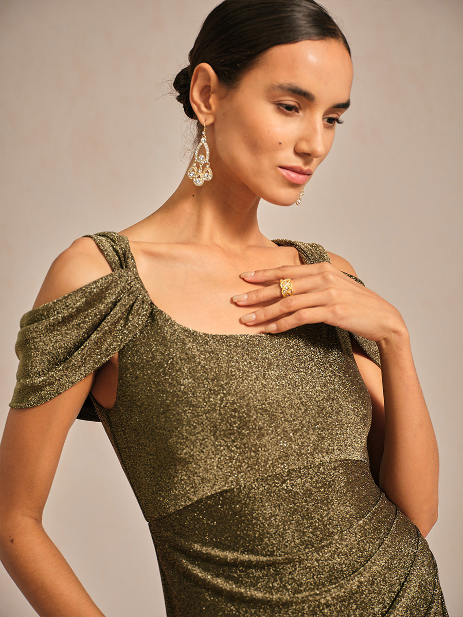 Cold Shoulder Glitter Metallic Knit Dress