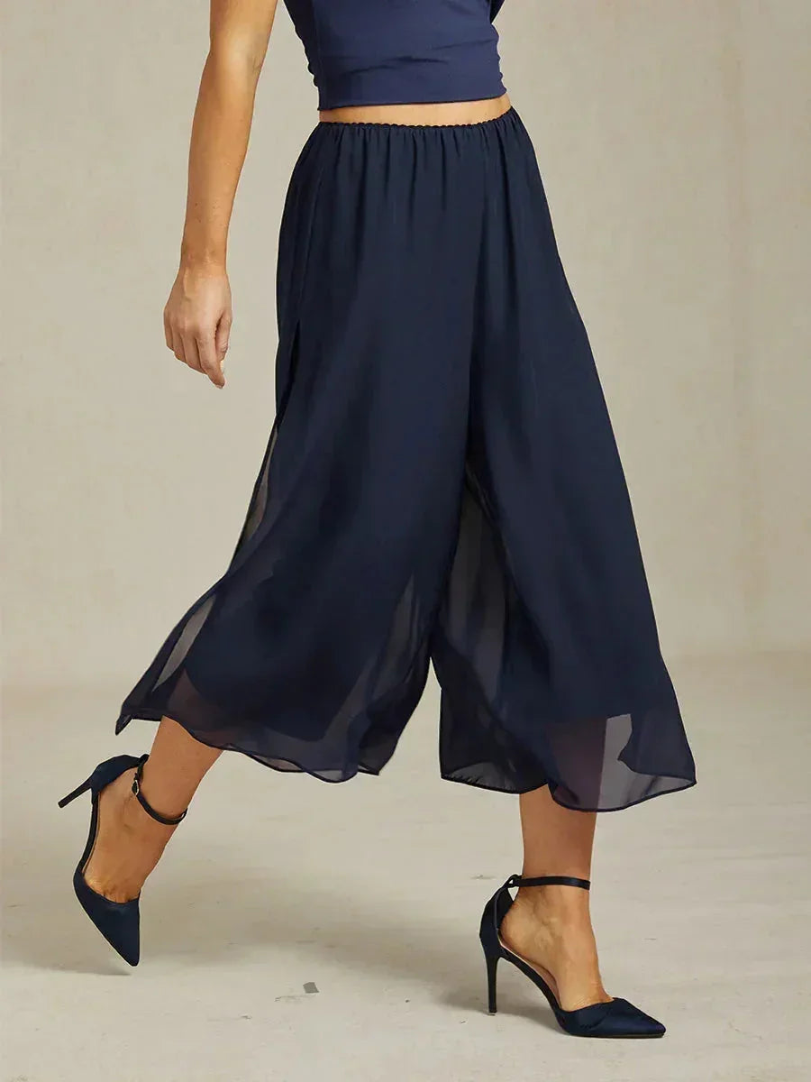 Cropped Length Straight Leg Pant With Chiffon Split Leg Overlay