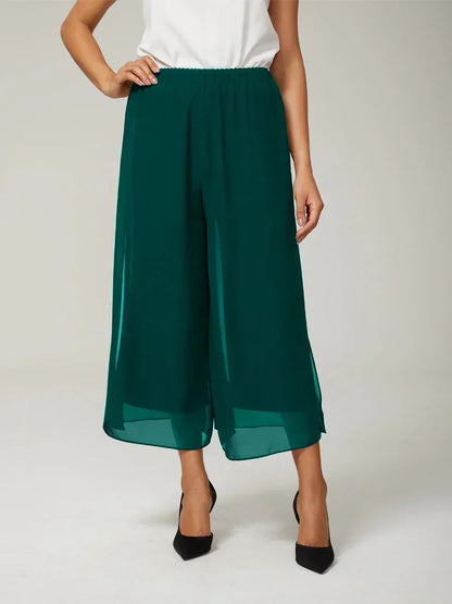 Cropped Length Straight Leg Pant With Chiffon Split Leg Overlay