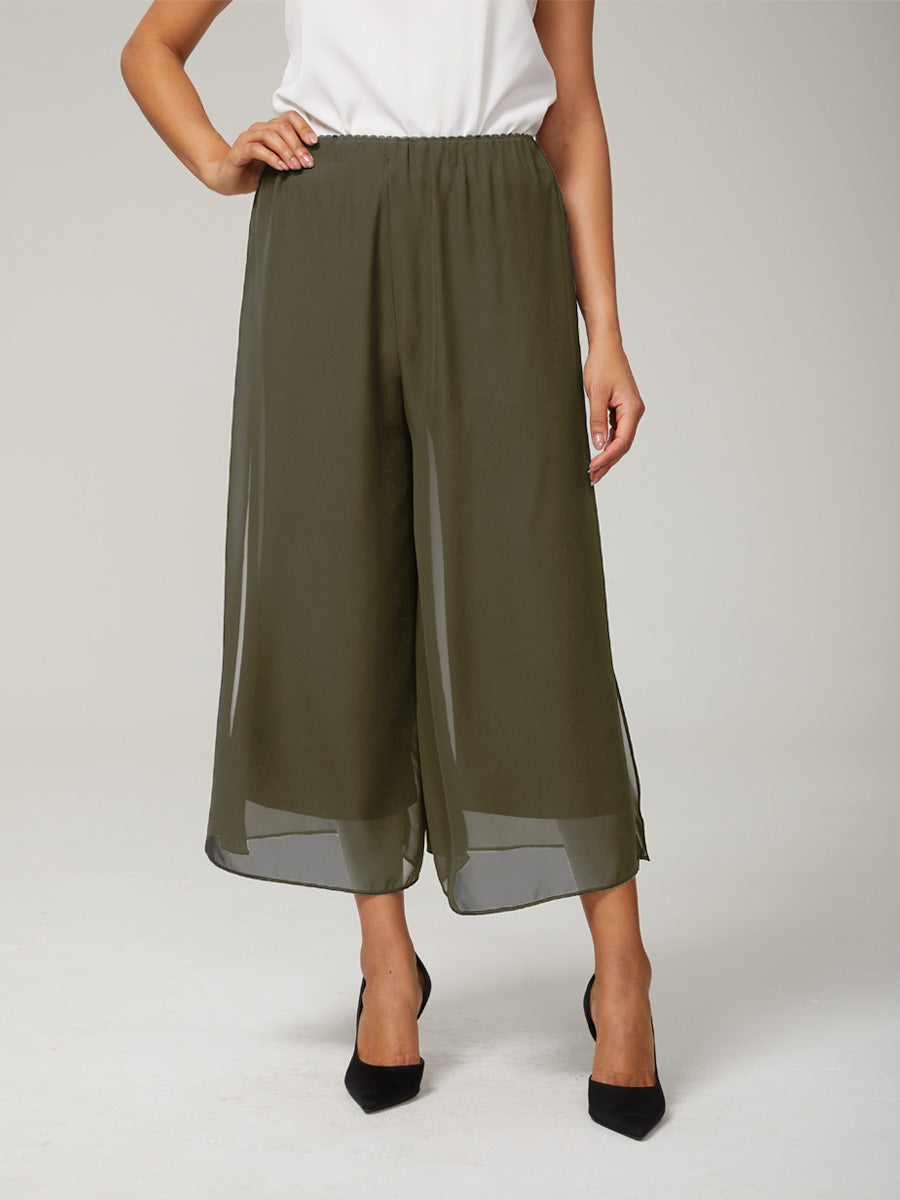 Cropped Length Straight Leg Pant With Chiffon Split Leg Overlay