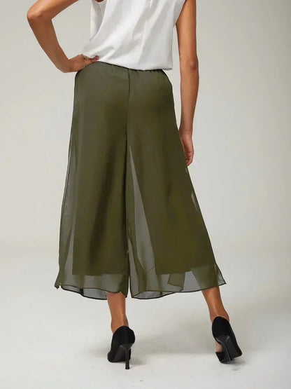 Cropped Length Straight Leg Pant With Chiffon Split Leg Overlay