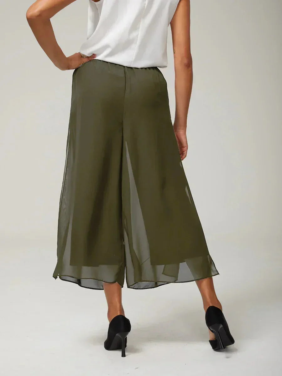 Cropped Length Straight Leg Pant With Chiffon Split Leg Overlay