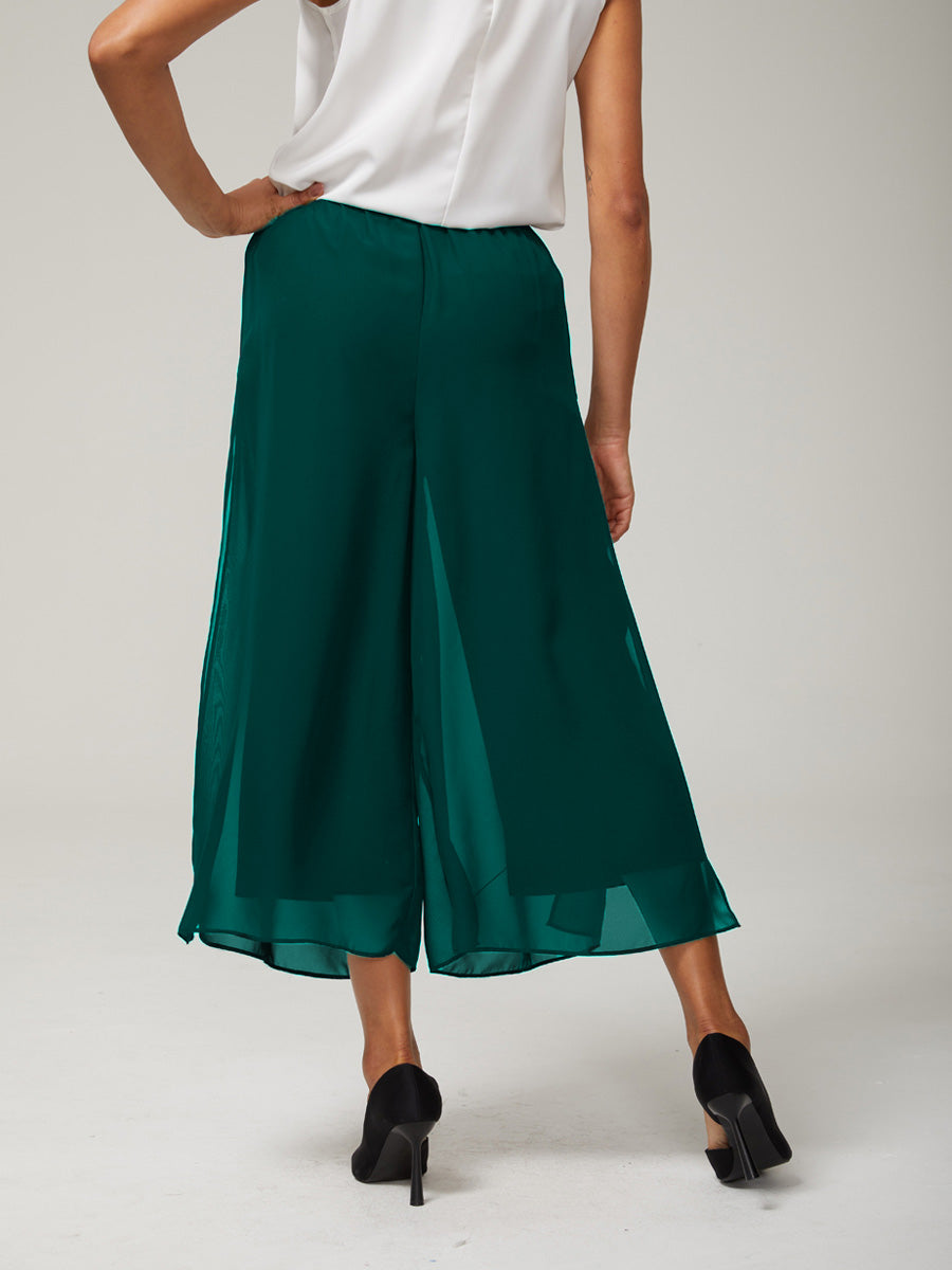 Cropped Length Straight Leg Pant With Chiffon Split Leg Overlay