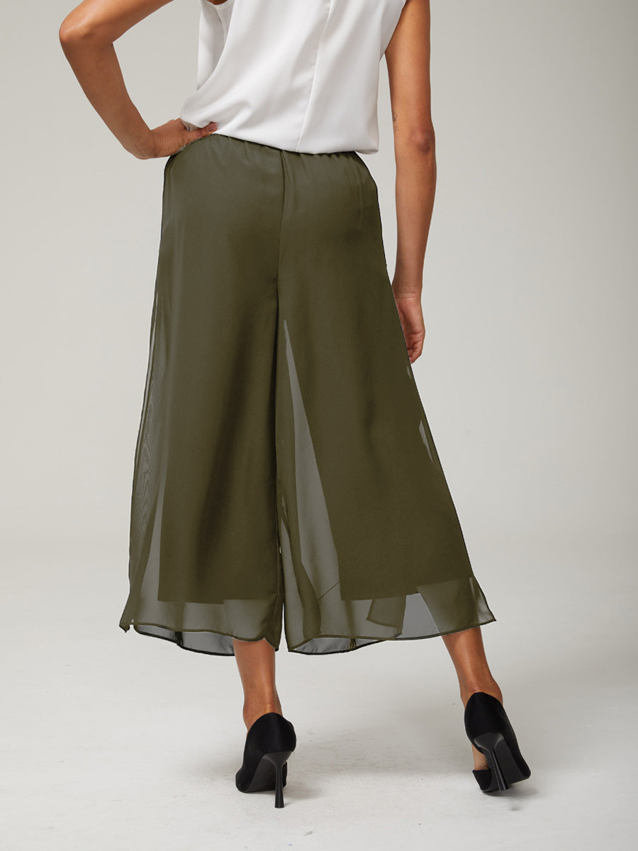 Cropped Length Straight Leg Pant With Chiffon Split Leg Overlay