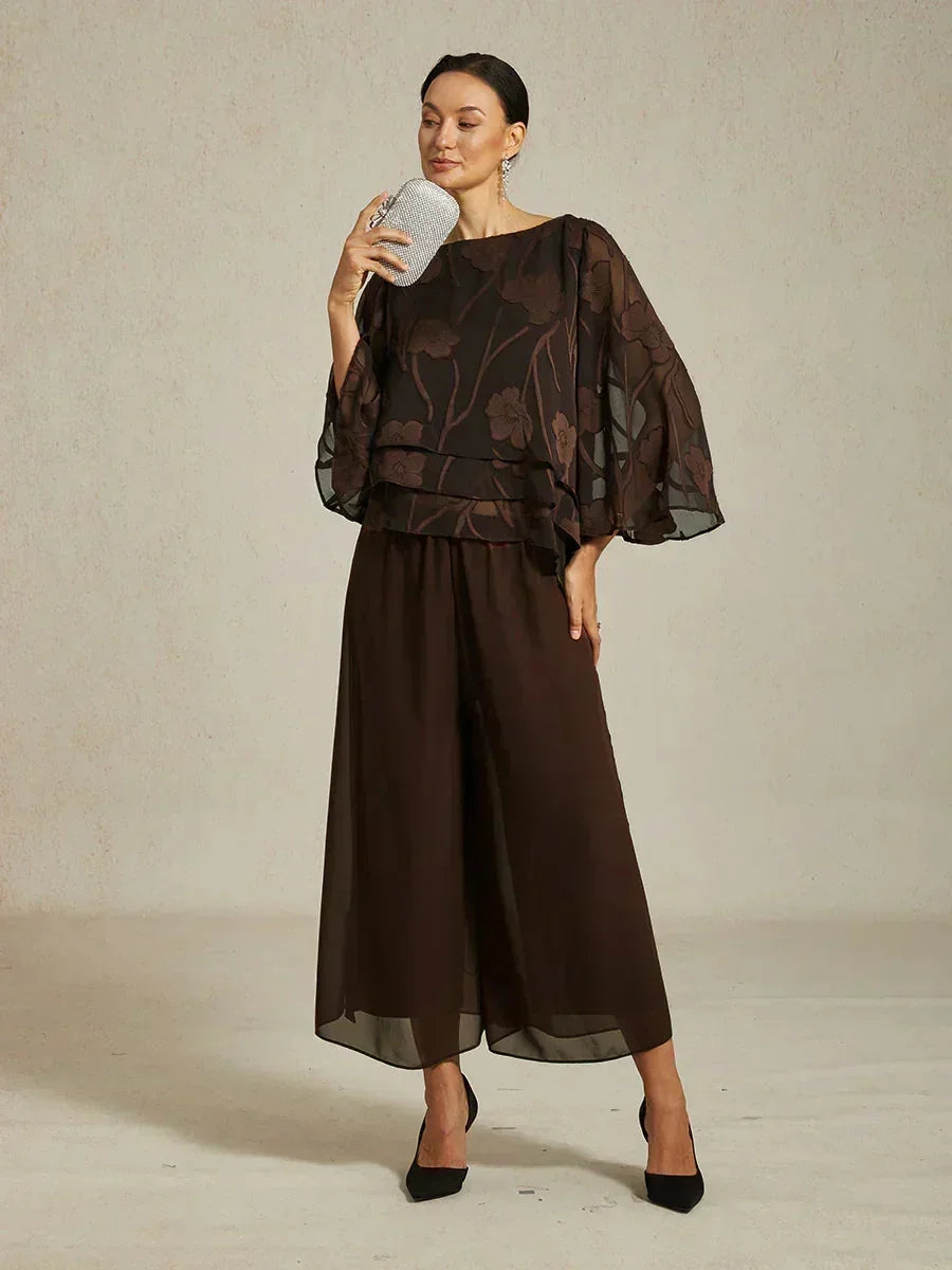 Cropped Length Straight Leg Pant With Chiffon Split Leg Overlay