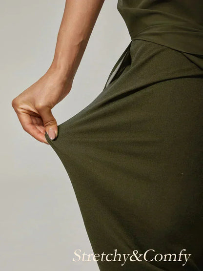 Cropped Length Straight Leg Pant With Chiffon Split Leg Overlay