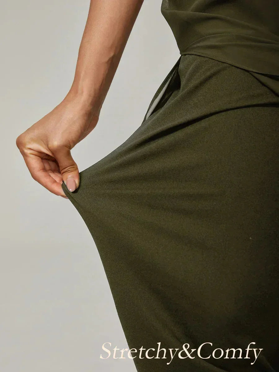 Cropped Length Straight Leg Pant With Chiffon Split Leg Overlay