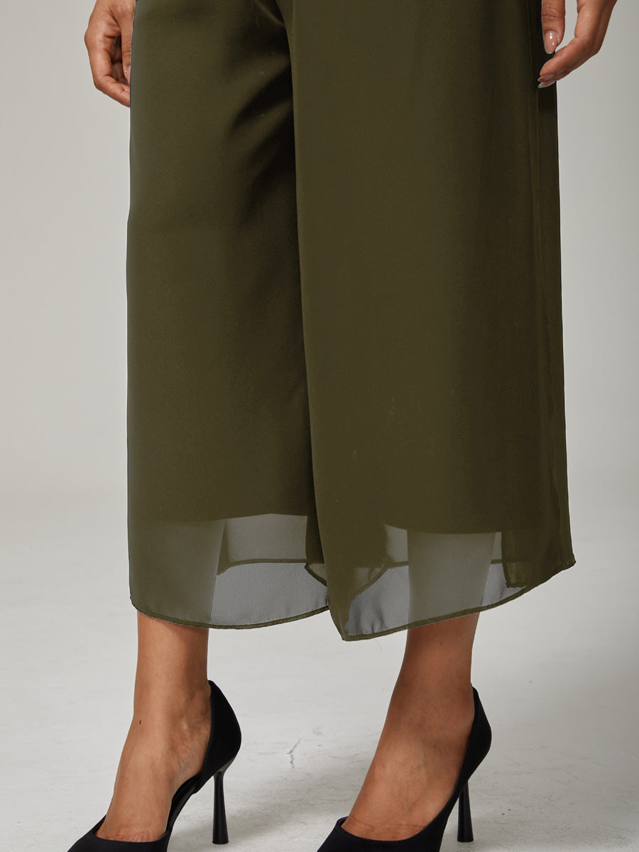 Cropped Length Straight Leg Pant With Chiffon Split Leg Overlay