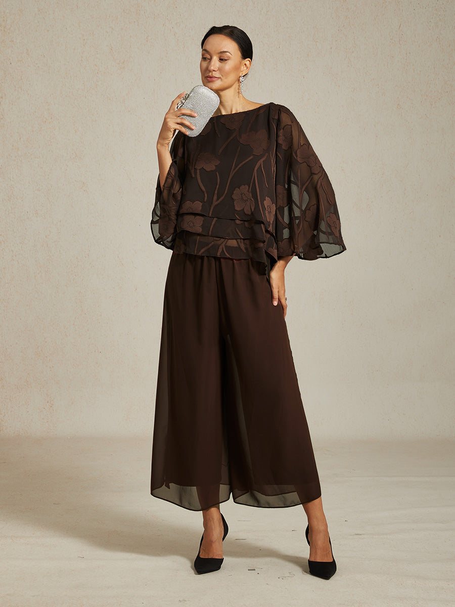 Cropped Length Straight Leg Pant With Chiffon Split Leg Overlay
