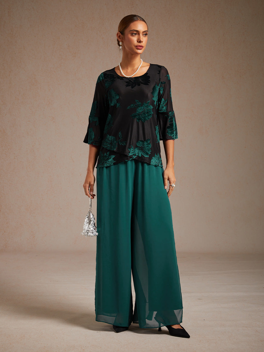 Dressy Floral Velvet Asymmetric Hem Blouse