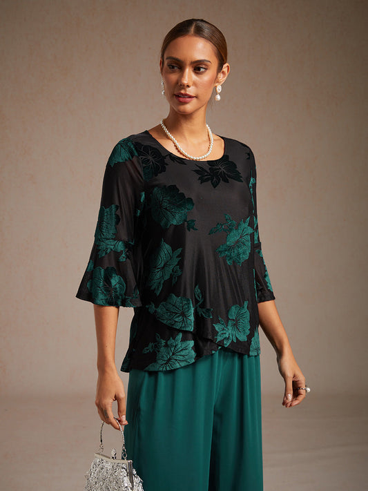 Dressy Floral Velvet Asymmetric Hem Blouse