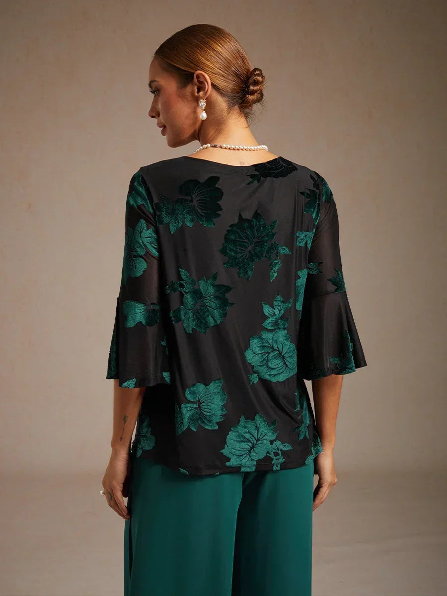 Elegante, florale Samtbluse mit asymmetrischem Saum