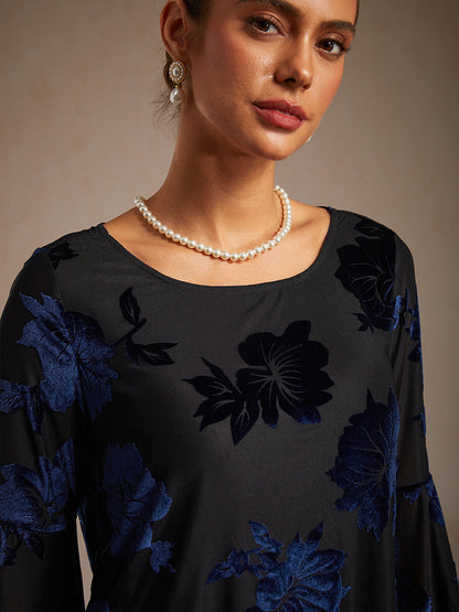 Dressy Floral Velvet Asymmetric Hem Blouse