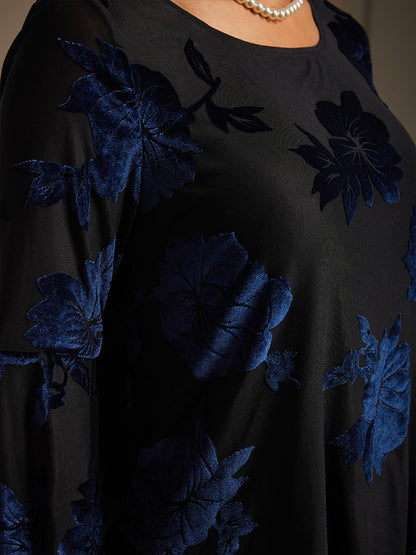 Dressy Floral Velvet Asymmetric Hem Blouse