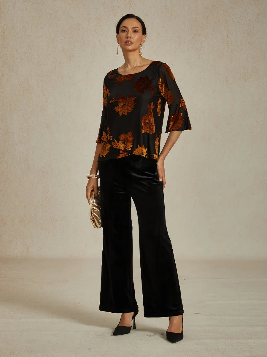 Dressy Floral Velvet Asymmetric Hem Blouse