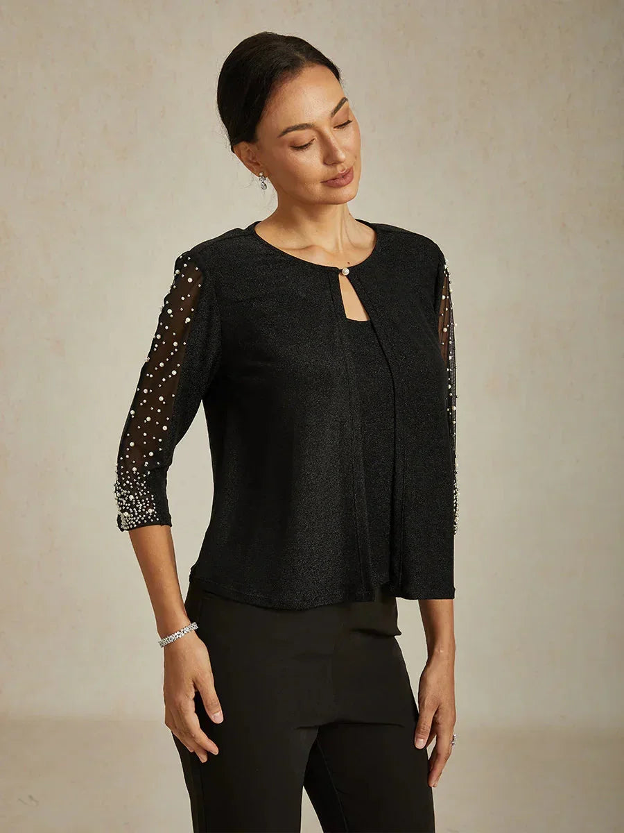 Beaded 3/4 Sleeve Metallic Knit Blouse