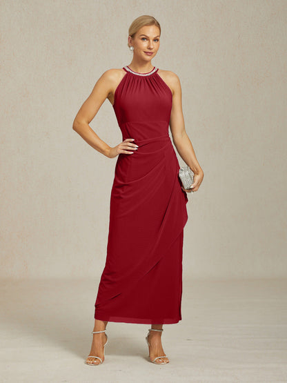 Elegant Beaded Halter Maxi Dress with Ruffle Detail