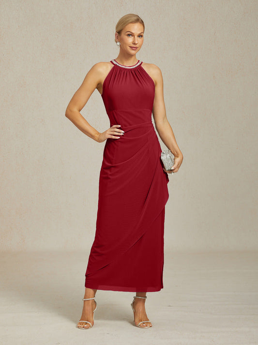 Elegant Beaded Halter Maxi Dress with Ruffle Detail