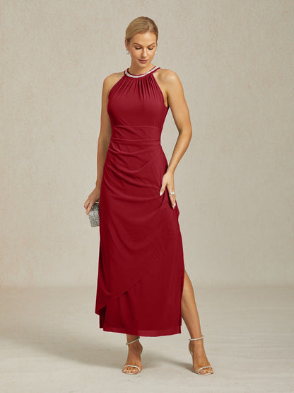 Elegant Beaded Halter Maxi Dress with Ruffle Detail