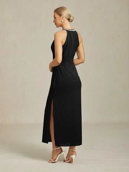 Elegant Beaded Halter Maxi Dress with Ruffle Detail