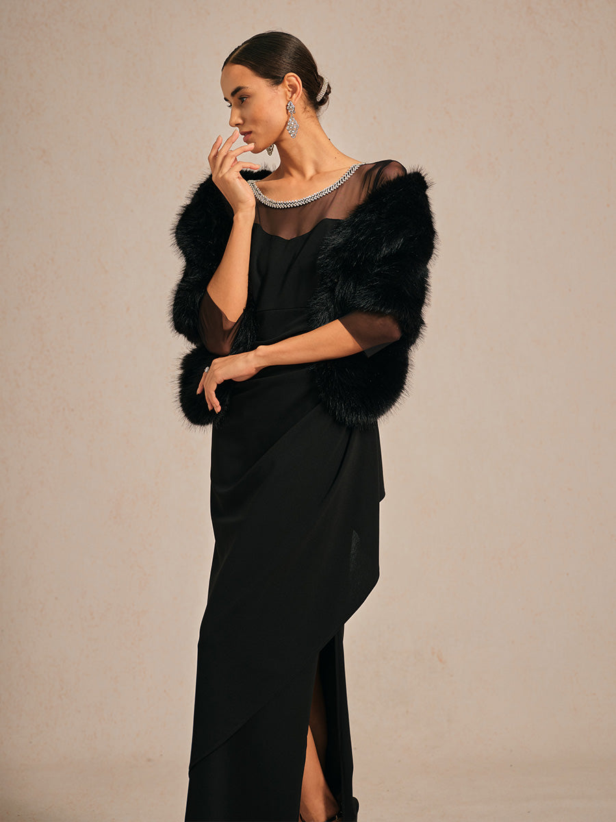 Elegant Beaded Illusion Neckline Formal Dress