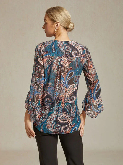 Paisley Chiffon Peasant Blouse with Long Lantern Sleeves