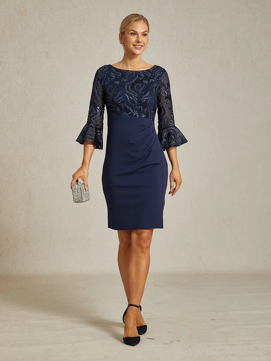 Embroidered Sequin Lace Cocktail Dress with Boat Neck and Flutter Sleeves