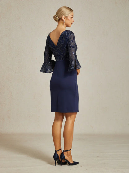 Embroidered Sequin Lace Cocktail Dress with Boat Neck and Flutter Sleeves