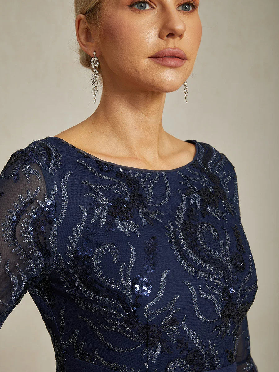 Embroidered Sequin Lace Cocktail Dress with Boat Neck and Flutter Sleeves
