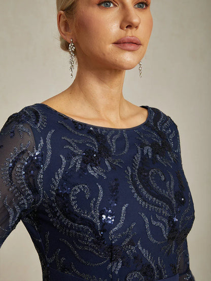 Embroidered Sequin Lace Cocktail Dress with Boat Neck and Flutter Sleeves