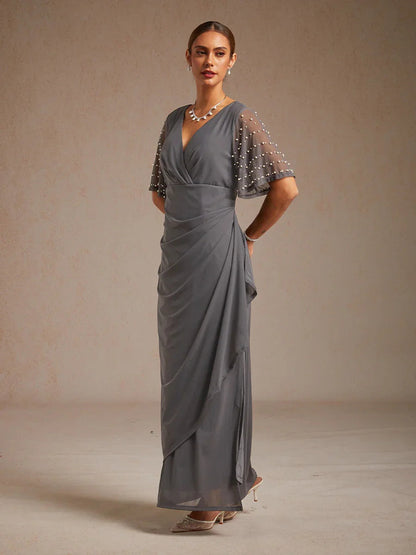 Elegant Formal Dress with Embellished Flutter Sleeves