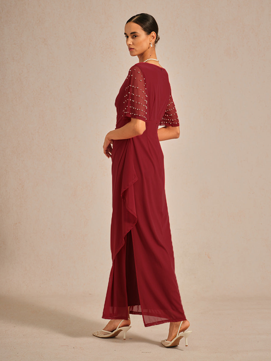 Elegant Formal Dress with Embellished Flutter Sleeves